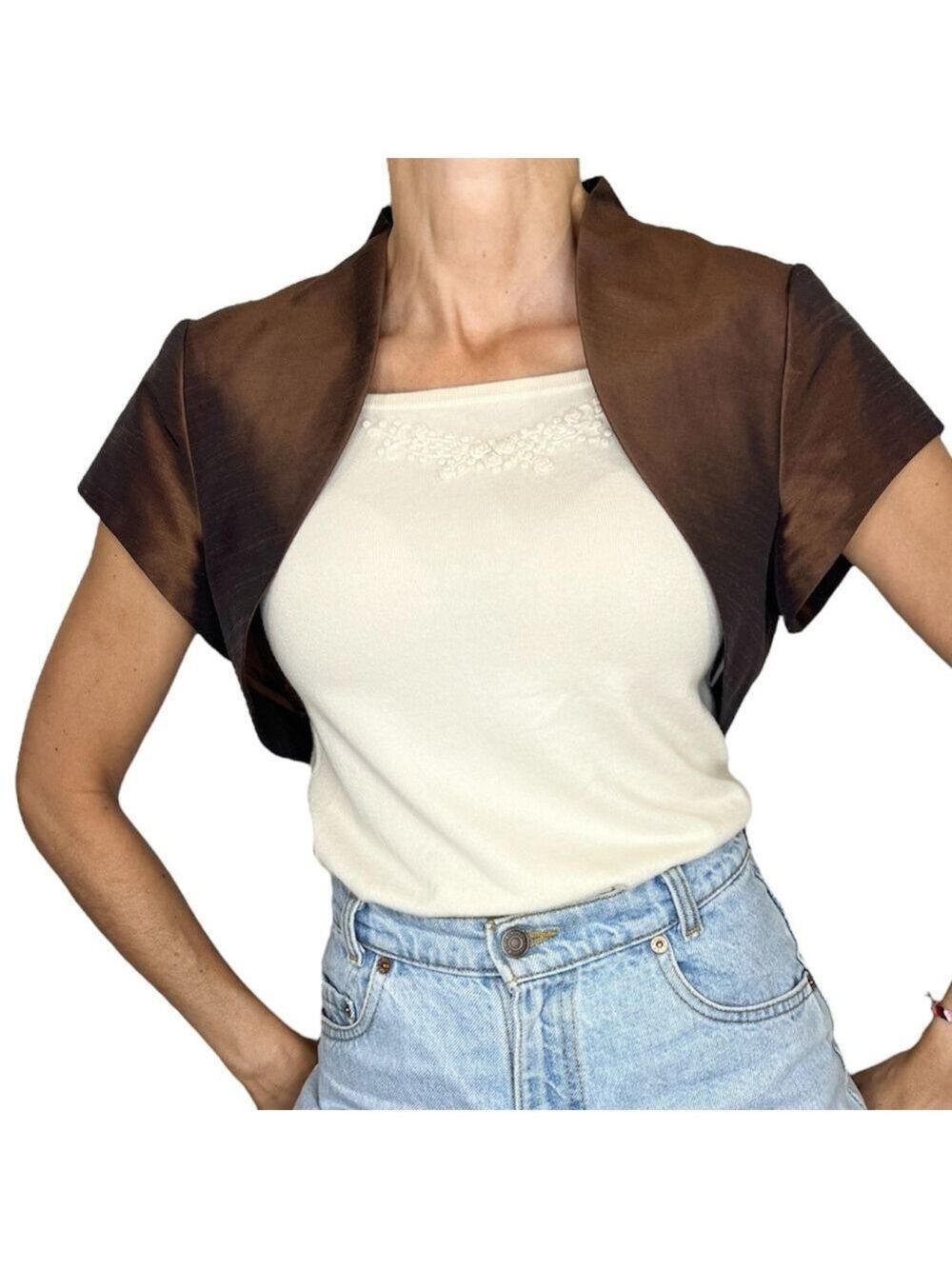 Vintage metallic brown cropped open front short sleeve shrug blazer jacket 12